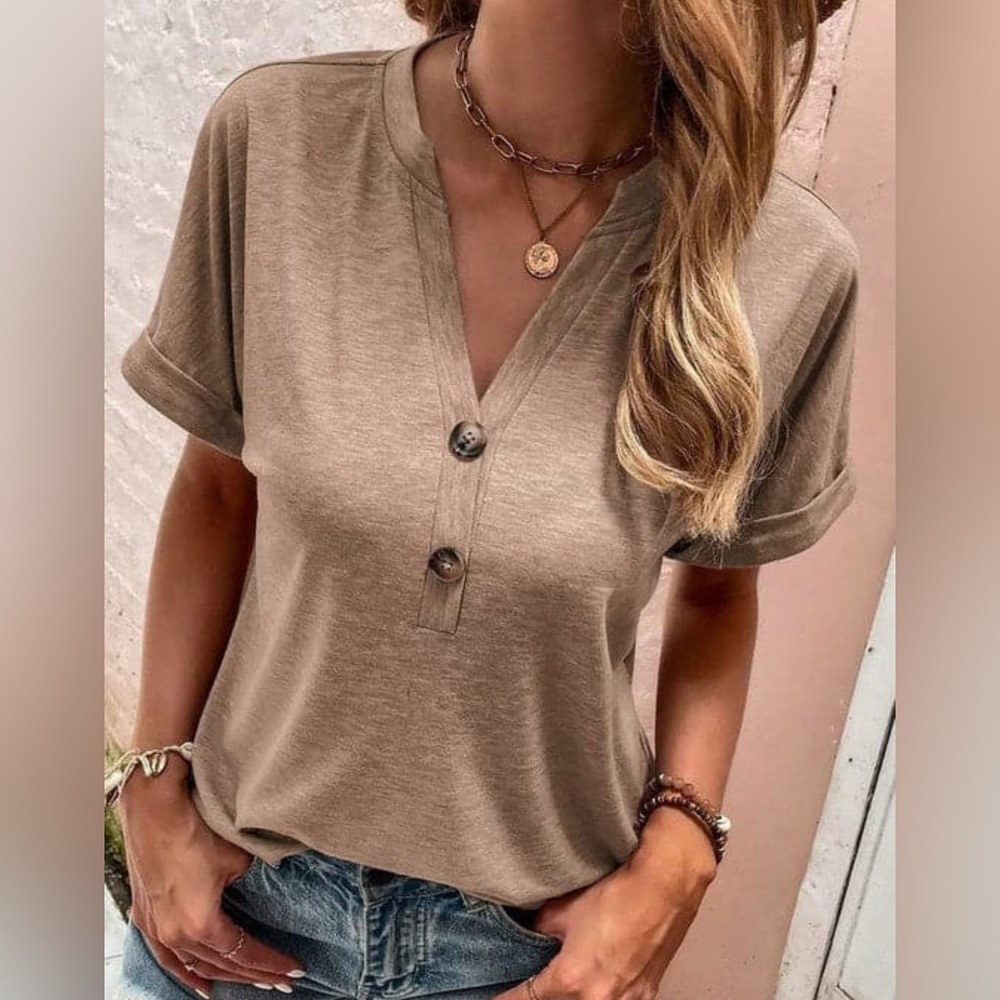 Ladies V Neck Top With Buttons Cotton